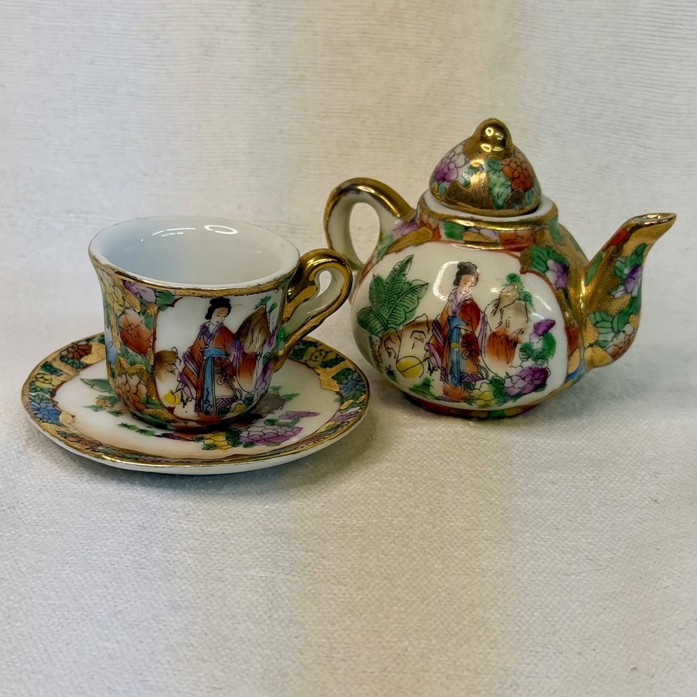 Vintage Miniature Porcelain Tea Set Hand Painted Geisha Gold Gilded 3pc Set